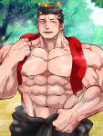  1boy abs bara black_hair blush bulge clothes_around_waist cowboy_shot facial_hair halo highres kizami_nori_to_yamaimo large_pectorals looking_at_viewer male_focus mature_male muscular muscular_male navel nipples open_bodysuit pectorals short_hair sideburns smile solo stomach stubble sunlight sweat tokyo_afterschool_summoners topless_male towel towel_around_neck tree veins veiny_arms zabaniya_(housamo) 