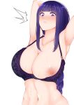  1girl areolae armpits arms_up bra breasts genshin_impact highres large_breasts long_hair navel nipples purple_eyes purple_hair raiden_shogun solo suisuitetra sweat underwear white_background 