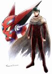  1boy absurdres artist_name black_eyes bodysuit brown_cloak clenched_hands cloak colored_sclera fuezawa_koyoshi getter_robo gou_saotome hair_behind_ear highres looking_to_the_side male_focus mecha red_bodysuit science_fiction shin_getter-1 shin_getter_robo sleeves_past_wrists super_robot white_background yellow_sclera 