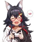  1girl animal_ear_fluff animal_ears black_hair black_hoodie controller eyebrows_visible_through_hair fang game_controller glasses highres hololive hood hoodie laughing multicolored_hair nanaku_teiru ookami_mio red-framed_eyewear red_hair skin_fang smile streaked_hair two-tone_hoodie virtual_youtuber white_hoodie wolf_ears wolf_girl 