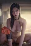 1boy 1girl artist_name bangs black_hair blurry blurry_background bra breasts caitlyn_(league_of_legends) cleavage clothing_aside collarbone cum cum_in_pussy feet_out_of_frame heart heart-shaped_pupils highres hoo_bamon league_of_legends long_hair looking_at_viewer navel open_mouth panties panties_aside penis sex solo_focus symbol-shaped_pupils teeth underwear upper_teeth white_bra white_panties 