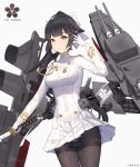  1girl artillery azur_lane black_hair black_legwear bow breasts buttons character_name double-breasted gloves hair_bow half_gloves holding holding_sword holding_weapon jacket long_hair looking_at_viewer medal medium_breasts military military_uniform miniskirt naval_uniform panties panties_under_pantyhose pantyhose pleated_skirt ponytail rigging sakura_empire_(emblem) simple_background skirt solo standing sword takao_(azur_lane) thighband_pantyhose turret underwear uniform weapon white_background white_bow white_gloves white_jacket white_skirt wuyi_p 