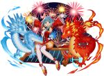  1girl android armpits arms_up bangs blue_eyes blue_hair breasts chinese_clothes detached_sleeves dragon dragon_horns dress eastern_dragon fireworks frills full_body gloves hair_ornament high_heels highres horns medium_breasts mega_man_(series) mega_man_x_(series) mega_man_x_dive mizuno_keisuke necktie official_art open_mouth rico_(mega_man) robot_ears shiny shiny_hair shiny_skin short_dress shorts simple_background sitting smile solo thighhighs thighs white_gloves wide_sleeves 