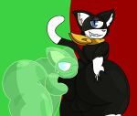  anthro atlus backsack balls big_butt black_balls black_body blue_eyes butt butt_grab domestic_cat duo felid feline felis genitals goo_creature green_body hand_on_butt head_on_butt huge_butt humanoid kat_(vizikaka) looking_at_viewer male male/male mammal megami_tensei megami_tensei_persona morgana_(persona) scarf tuxedo_cat video_games vizikaka yellow_scarf 