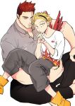  2boys bara beard black_pants blue_eyes boku_no_hero_academia casual collared_shirt crossed_legs double_v endeavor_(boku_no_hero_academia) facial_hair feathered_wings flame_print from_above grey_shirt hairband hawks_(boku_no_hero_academia) looking_at_viewer male_focus mature_male mini_wings multiple_boys muscular muscular_male pants partially_unbuttoned pectorals red_hair scar scar_across_eye scar_on_face shaku_po shirt short_hair sideburns sitting sitting_on_lap sitting_on_person spiked_hair stubble v wings yaoi 