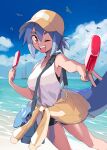  1girl absurdres azuumori bag beach bird blue_hair blue_sky boat breasts cloud cloudy_sky fish_tail food hat highres horizon looking_at_viewer medium_breasts multicolored_hair one_eye_closed open_mouth original outdoors popsicle red_eyes sailboat shark_girl shark_girl_(azuumori) shark_tail shoulder_bag sky smile solo tail tank_top watercraft white_tank_top 