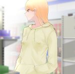  1girl blonde_hair blurry blurry_background breasts commentary_request covered_nipples drawstring green_hoodie hands_in_pocket highres hood hood_down hoodie long_hair medium_breasts original profile ricochet-gou shelf shop solo upper_body 