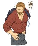  1boy absurdres arm_hair backpack bag bara blonde_hair bulge chest_hair cropped_legs denim facial_hair flat_color frown highres holmy_(holmesdmode) jeans large_pectorals looking_down male_focus mature_male midriff_peek motion_lines muscular muscular_male mustache navel navel_hair original pants partially_unbuttoned pectoral_cleavage pectorals red_shirt searching shirt short_hair sleeves_rolled_up solo thick_eyebrows thighs thought_bubble tight tight_shirt wallet 