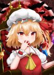  absurdres apple ascot betonamou blonde_hair crystal eating embodiment_of_scarlet_devil flandre_scarlet food frilled_shirt_collar frills fruit hat hat_ribbon highres holding holding_food holding_fruit medium_hair mob_cap non-web_source one_side_up puffy_short_sleeves puffy_sleeves red_eyes red_ribbon red_vest ribbon self_upload shirt short_sleeves touhou vest white_headwear white_shirt wings wristband yellow_ascot 