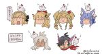  1boy 5girls :&lt; :d animal animal_ears antenna_hair asaya_minoru bangs bird black_hair blonde_hair blue_hair bow braid character_request chibi chicken closed_mouth dark-skinned_female dark_skin djeeta_(granblue_fantasy) english_text eyebrows_visible_through_hair eyepatch granblue_fantasy grey_hair hair_bow hair_over_one_eye horns long_hair mahira_(granblue_fantasy) multiple_girls red_bow simple_background smile translation_request twin_braids twintails twitter_username v-shaped_eyebrows vira_(granblue_fantasy) white_background zooey_(granblue_fantasy) 