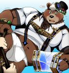  2022 anthro bearlovestiger13 belly blush brown_body bulge clothing goro_(live-a-hero) hat headgear headwear hi_res humanoid_hands kemono lifewonders live-a-hero male mammal musclegut navel solo_focus underwear undressing ursid video_games 