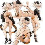  1girl animal_print ass bikini black_jacket blonde_hair breasts demon_girl demon_horns eyebrows_visible_through_hair from_side highres horns huge_ass jacket large_breasts legs looking_at_viewer lying midriff one_eye_closed original rakeemspoon shiny shiny_skin solo susan_(rakeem_garcia-cueto) swimsuit tail tiger_print tiger_tail toes wide_hips yellow_eyes 