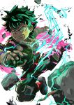  1boy absurdres belt blood blood_on_face bodysuit boku_no_hero_academia commentary_request debris fantasy freckles gloves glowing glowing_eyes green_bodysuit green_eyes green_hair highres lightning male_focus mask midoriya_izuku onesie pyuuki109 red_belt rock short_hair simple_background spiked_hair teeth white_background white_gloves 