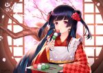  1girl :o bangs black_hair blunt_bangs checkered_clothes checkered_kimono cherry_blossoms dango double_bun earrings flower food frills hair_bun hair_flower hair_ornament highres hime_cut holding holding_food holding_tray japanese_clothes jewelry kimono long_hair long_sleeves looking_at_viewer myria_(7855) original petals pink_eyes round_window short_twintails signature solo striped striped_kimono traditional_clothes tray tree twintails very_long_hair wagashi wide_sleeves window 