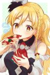  1girl alto2019 ascot bangs blonde_hair blush braid breasts cheese_trail detached_sleeves eating flying_sweatdrops food hair_between_eyes hair_ribbon hat highres holding holding_food kantai_collection long_hair one-hour_drawing_challenge orange_eyes pizza pizza_slice red_ascot ribbon side_braid signature simple_background solo upper_body zara_(kancolle) zara_due_(kancolle) 