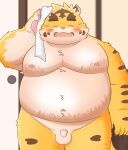  2022 anthro balls belly big_belly blush eyes_closed felid flaccid genitals hi_res humanoid_genitalia humanoid_hands humanoid_penis kemono male mammal moobs navel nipples overweight overweight_male pantherine penis puss3250 small_penis solo tiger towel 