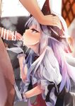  1boy 1girl after_fellatio azur_lane bangs bar_censor black_ribbon blush cape caressing_testicles censored cum cum_in_mouth cum_on_hands cumdrip dress erebus_(azur_lane) eyebrows_visible_through_hair floor frilled_dress frills gloves hand_on_another&#039;s_head heart heart-shaped_pupils highres long_hair madotsukumo oral penis red_eyes ribbon saliva sidelocks silver_hair solo_focus steam symbol-shaped_pupils testicles thick_eyelashes tongue trembling very_long_hair 
