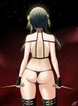  1girl ass back bare_shoulders black_gloves black_hair black_legwear black_panties breasts dagger earrings fingerless_gloves gloves gold_hairband highres jewelry knife large_breasts long_hair panties revealing_clothes rose_hair_ornament sidelocks sky-freedom solo spy_x_family thighhighs thighs underwear weapon yor_briar 