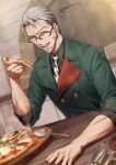  1boy absurdres arurandeisu beard black_shirt collared_shirt facial_hair food glasses green_jacket grey_eyes grey_hair gun hair_behind_ear handgun highres holding holding_food holostars jacket male_focus necktie nemoto_yuuma open_mouth pizza pizza_cutter revolver shirt sitting solo virtual_youtuber weapon white_necktie 