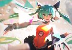  1girl aqua_hair black_gloves black_skirt blurry blurry_background blurry_foreground blush eyebrows_visible_through_hair fingerless_gloves frilled_skirt frills gloves gradient_hair hair_between_eyes hatsune_miku headphones highres kunitarou-art multicolored_hair odds_&amp;_ends_(vocaloid) parted_lips shadow skirt smile solo upper_body vocaloid 