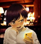  1girl bangs black_hair blurry blurry_background blush commentary_request copyright_request earrings highres holding holding_phone indoors jewelry kunitarou-art lamp long_sleeves open_mouth phone short_hair solo sweater upper_body white_nails white_sweater 