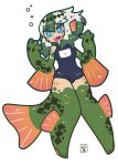  1girl absurdres animal_feet blue_eyes blue_swimsuit bright_pupils bubble facial_mark fins fish_girl fish_tail full_body green_hair green_scales head_fins highres hz_ebfry looking_to_the_side medium_hair monster_girl multicolored_hair no_sclera one-piece_swimsuit original scales school_swimsuit sharp_teeth sidelocks signature solo swimsuit tail teeth two-tone_hair white_background white_hair white_pupils 