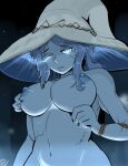  1girl areolae bangs bare_shoulders blue_eyes blue_hair blue_skin breasts cleavage closed_mouth colored_skin commentary_request commission cracked_skin doll drawing elden_ring extra_arms eyebrows_visible_through_hair fingernails glowing glowing_eyes highres ice large_breasts large_hat navel nipples nude one_eye_closed parted_bangs ranni_the_witch revov_d rope signature solo upper_body white_headwear witch 