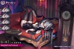  1girl azur_lane bangs bat black_dress black_hair black_legwear black_nails book breasts cleavage clock closed_mouth cloud cloudy_sky commentary_request copyright_name couch crossed_bangs dress expressions garter_straps hair_between_eyes hair_ornament head_wings indoors legs_up long_hair looking_at_viewer lying medium_breasts moon multicolored_hair multiple_views nail_polish official_alternate_costume official_art on_back on_couch ootsuki_momiji orange_moon parted_lips promotional_art red_eyes sky streaked_hair thighhighs thighs twintails u-47_(azur_lane) upside-down white_hair window wooden_floor 