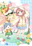  &gt;_&lt; 1girl :3 absurdres ankle_socks apple arm_up backpack bag bangs bento blush bow braid buttons cardigan cat cherry_blossoms child chocolate closed_mouth collared_shirt egg_(food) flower food food_art footwear_bow fruit green_eyes hacosumi hamster hanami hand_on_headwear hat hat_bow hat_ribbon highres holding_hands lace_trim long_sleeves looking_at_another looking_to_the_side mary_janes messenger_bag neck_ribbon onigiri original outdoors patch pink_hair plaid plaid_skirt pleated_skirt polka_dot polka_dot_legwear ribbed_sweater ribbon sandwich seams shirt shoes short_hair shorts shoulder_bag single_braid skirt sleeves_past_wrists smile socks solo stuffed_animal stuffed_cat stuffed_toy suspenders sweater t-shirt tako-san_wiener thermos walking 