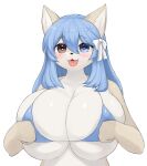  2022 absurd_res anthro big_breasts bikini bikini_top blue_eyes blue_hair blush breasts brown_eyes canid canine clothed clothing cute_fangs female fur hair happy heterochromia hi_res huge_breasts inake kemono long_hair mammal multicolored_body multicolored_fur open_mouth solo swimwear tan_body tan_fur tongue two_tone_body two_tone_fur white_body white_fur 