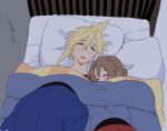  1boy 1girl aerith_gainsborough asymmetrical_hair bangs bed blanket blonde_hair blush brown_hair closed_eyes cloud_strife comforter couple covered_mouth final_fantasy final_fantasy_vii grey_shirt hair_down krudears parted_bangs pillow shirt sleeping spiked_hair under_covers 