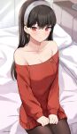  1girl artist_name bare_shoulders bed bed_sheet black_hair black_legwear breasts closed_mouth earrings eyebrows_visible_through_hair gold_earrings hairband highres jewelry kaetzchen leggings light_smile long_hair looking_at_viewer medium_breasts off-shoulder_sweater off_shoulder pillow raised_eyebrows red_eyes red_sweater shy sitting solo spy_x_family straight_hair sweater yor_briar 