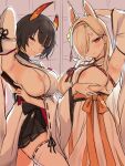  2girls animal_ears areola_slip areolae arm_up armpits asymmetrical_horns bangs black_hair blue_archive blush breast_lift breasts closed_fan detached_sleeves earrings emirio_(emirio110) eyebrows_visible_through_hair folding_fan hair_ornament hair_over_one_eye hairband hakama hakama_skirt half-closed_eyes hand_fan highres holding holding_fan horns japanese_clothes jewelry kaho_(blue_archive) large_breasts long_hair looking_at_viewer makeup mole mole_under_mouth multiple_girls niya_(blue_archive) one_eye_closed orange_eyes pink_hairband presenting_armpit short_hair sideboob skirt smile steam sweat thighhighs unfinished white_legwear 