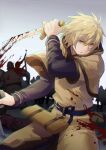  al_(ahr) battle belt black_shirt blonde_hair blood blood_on_clothes blood_on_weapon brown_tunic dagger dual_wielding fighting_stance gradient gradient_background grey_background hair_between_eyes highres holding holding_weapon knife long_sleeves male_focus messy_hair sheath shirt thorfinn upper_body vinland_saga weapon yellow_eyes 