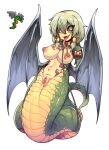  1girl 1other :d amputee bare_shoulders black_sclera breast_tattoo breasts chain clitoris_piercing collar colored_sclera completely_nude double_amputee fangs fangs_out flying_snake forked_tongue full_body green_eyes green_hair hair_between_eyes highres lamia large_breasts long_tongue medium_hair monster_girl navel_piercing nipple_piercing nude nyong_nyong personification piercing pussy reference_inset rope scales sidelocks slit_pupils smile snake tattoo terraria tongue tongue_out wings 