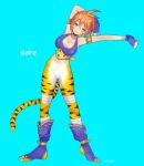  1girl animal_ears breasts breath_of_fire breath_of_fire_ii cat_ears cat_tail cellularta cleavage closed_mouth facial_mark full_body gloves highres looking_at_viewer monster_girl orange_hair pointy_ears rinpoo_chuan short_hair simple_background solo tail 