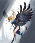  1girl black_wings blonde_hair boots breasts breath_of_fire breath_of_fire_ii bridal_gauntlets dress feathered_wings full_body highres knee_boots long_hair nina_(breath_of_fire_ii) side_slit solo suzuki_rika wings 