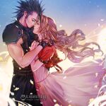  1boy 1girl aerith_gainsborough armor artist_name black_hair brown_hair closed_mouth couple dress final_fantasy final_fantasy_vii final_fantasy_vii_remake gloves hand_on_another&#039;s_shoulder ilabarattolo jacket long_hair petals pink_dress red_jacket shoulder_armor sleeveless sleeveless_turtleneck spiked_hair suspenders turtleneck wind zack_fair 