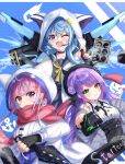  3girls absurdres animal_hood apex_legends bangs beret black_gloves black_headwear black_skirt blue_dress blue_eyes blue_hair blue_skirt blush breasts cat_hood commentary_request dress eyebrows_visible_through_hair fingerless_gloves gloves green_eyes gun hair_between_eyes hair_bun hat highres holding holding_gun holding_knife holding_weapon hololive hood hoodie hoshimachi_suisei index_finger_raised knife long_hair looking_at_viewer medium_breasts minato_aqua multicolored_hair multiple_girls one_eye_closed open_mouth pink_hair pose purple_eyes purple_hair red_scarf scarf shirt sidelocks skirt small_breasts smile soma443 streaked_hair tokoyami_towa weapon white_hoodie white_shirt 