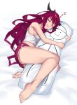  1girl absurdres ass bangs barefoot blush breasts closed_eyes dakimakura_(object) dasdokter feet full_body highres hololive hololive_english horns irys_(hololive) long_hair lying medium_breasts midriff multicolored_hair object_hug on_side pillow pointy_ears red_hair red_shorts short_shorts shorts sideboob signature sleeping solo stick_figure tank_top thighs toes two-tone_hair very_long_hair white_tank_top 