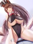  1boy 1girl :d akagi_(azur_lane) animal_ears arm_behind_back azur_lane bangs bare_arms bare_shoulders belt black_leotard blunt_bangs bow bowtie breasts brown_hair bulge commander_(azur_lane) commentary covered_navel eyebrows_visible_through_hair fake_animal_ears fox_ears fox_girl gradient gradient_background half-closed_eyes highleg highleg_leotard highres huge_breasts kitsune leotard long_bangs long_hair looking_at_viewer open_mouth playboy_bunny red_bow red_bowtie red_eyes sano_sho shirt simple_background smile solo_focus teeth thick_thighs thighs tongue upper_teeth white_shirt wrist_cuffs 