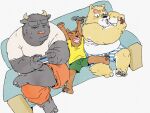  2022 anthro belly big_belly bottomwear bovid bovine canid canine canis cattle clothing controller domestic_dog eyes_closed furniture game_controller gaming group hi_res kemono male mammal nintendo nintendo_switch overweight overweight_male playing_videogame pommn_mn shirt shorts sitting sofa topwear underwear video_games 
