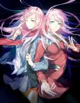  2girls al_(ahr) back-to-back bag black_background blazer breasts darling_in_the_franxx green_eyes hair_between_eyes hairband horns jacket locked_arms long_hair medium_breasts multiple_girls one_eye_closed pink_hair pleated_skirt red_jacket red_scarf scarf school_uniform shirt skirt uniform upper_body white_shirt zero_two_(darling_in_the_franxx) 