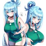  1girl absurdres apron aqua_(konosuba) bangs black_choker blue_eyes blue_hair blush breasts choker eyebrows_visible_through_hair green_apron hair_ornament hanasaka_houcha highres iced_latte_with_breast_milk_(meme) kono_subarashii_sekai_ni_shukufuku_wo! large_breasts looking_at_viewer meme multiple_views open_mouth simple_background smile white_background 