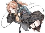  1girl arknights black_legwear commentary_request eyebrows_visible_through_hair feather_hair garter_straps jacket long_hair looking_at_viewer mole mole_under_eye nail_gun orange_hair pinecone_(arknights) ponytail simple_background solo sweater thighhighs usuki_(graygreed) white_background 