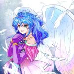  1girl angel_wings blue_hair breasts breath_of_fire breath_of_fire_ii crying crying_with_eyes_open dress feathered_wings gloves jewelry long_hair looking_at_viewer mina_wyndia necklace open_mouth solo tears white_wings wings 