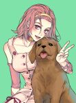  1girl arm_warmers arnold_(jojo) bare_shoulders choker diamond_wa_kudakenai dog dress hairband highres jojo_no_kimyou_na_bouken pink_dress pink_hair ranch_jjba short_hair sugimoto_reimi v 