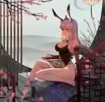  1girl animal_ears anklet barefoot bow braid branch breasts cherry_blossoms collar dress elbow_gloves facepaint facial_mark feet gloves grey_hair hair_ornament highres hill jewelry kaavi lamp large_breasts long_hair looking_to_the_side mahjong_soul navel no_bra rabbit_ears s2rid side_braid sideboob sitting stone_floor thighs tight tight_dress yellow_eyes yostar 