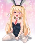  1girl absurdres alternate_costume animal_ears azur_lane bache_(azur_lane) bangs black_leotard blonde_hair blush breasts collar commentary detached_collar english_commentary fake_animal_ears full_body grey_legwear heart highres igarashi_gozo leotard long_hair looking_at_viewer necktie open_mouth pantyhose playboy_bunny purple_eyes rabbit_ears red_necktie small_breasts smile solo sparkle_background spoken_heart strapless strapless_leotard twintails very_long_hair white_collar wrist_cuffs 