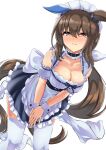  1girl absurdres admire_vega_(umamusume) animal_ears arm_garter bangs belt_collar biting black_skirt blush breasts brown_hair cleavage collar corset covering covering_crotch ears_down herohero_(higashi_no_dou) highres horse_ears horse_girl horse_tail lip_biting long_hair looking_at_viewer maid_headdress medium_breasts pink_eyes ponytail simple_background skirt solo tail thighhighs umamusume v-shaped_eyebrows white_background white_legwear 